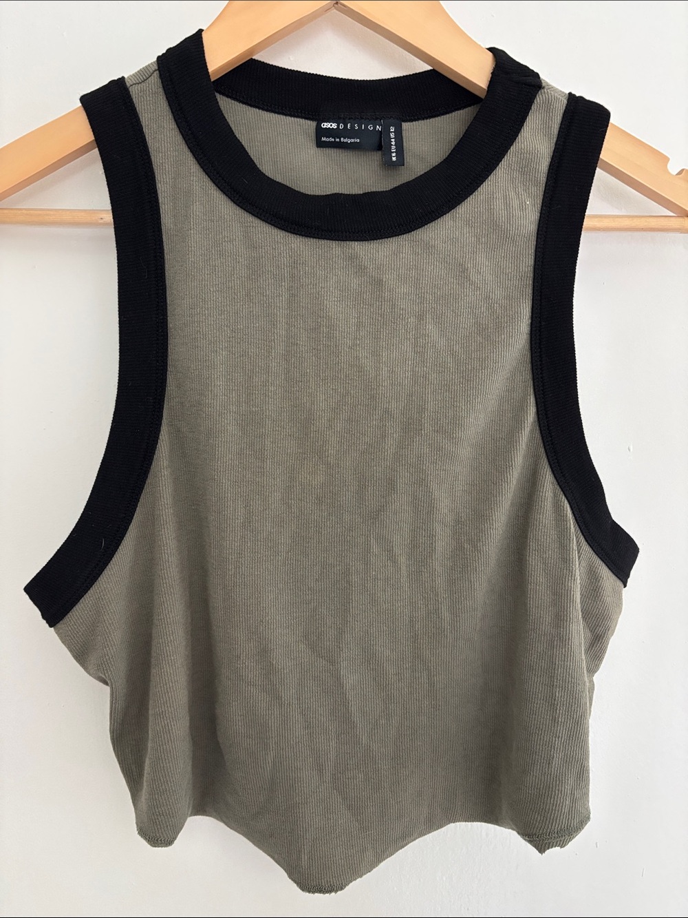 ASOS Cropped Cotton Olive Muscle Tank Top with Black Trim size 12